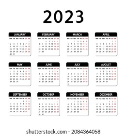 Calendar 2023 year. The week starts Monday. Annual Russian calendar 2023 template. Every month isolated on white background with shadow. Portrait orientation. Vector