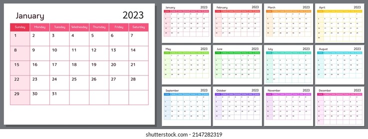 Calendar for 2023 year, week starts on sunday. Template planner for schedule, planning events and holidays. Vector rainbow colored organizer grid for each month