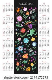 Calendar for 2023 year. Week starts on sunday. Vector template with  floral ornament of colorful fairytale flowers and butterflies on vertical black background.
