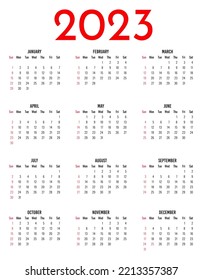 Calendar 2023 year. Week starts on Sunday. Annual calendar 2023 template.