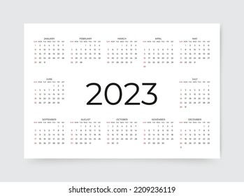 Calendar for 2023 year. Yearly calender organizer. Week starts Sunday. Grid template with 12 months. Calendar layout in minimal horizontal design. Landscape orientation, English. Vector illustration.