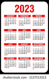 Calendar 2023 yearly. Week starts on Sunday. Vector illustration.