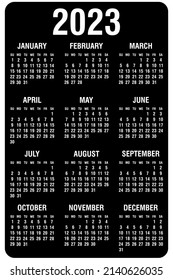 Calendar 2023 yearly. Week starts on Sunday. Vector illustration, black and white design.