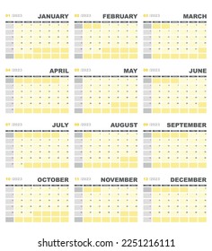 Calendar for 2023 in yellow and gray colors with week starting on Sunday
