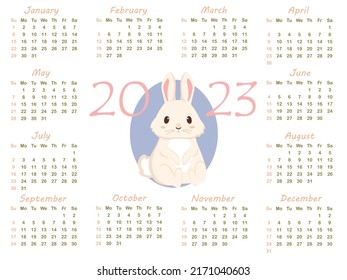 Calendar 2023 with zodiac sign, year of the Rabbit, with cute cartoone white Rabbit