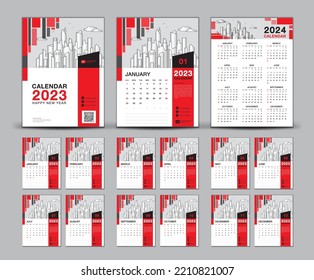 Calendar 2023-2024 design set and red cover calendar 2023 template, Week starts Sunday, Wall calendar 2023 year, set desk calendar design, planner, printing, poster, advertisement, vector eps10