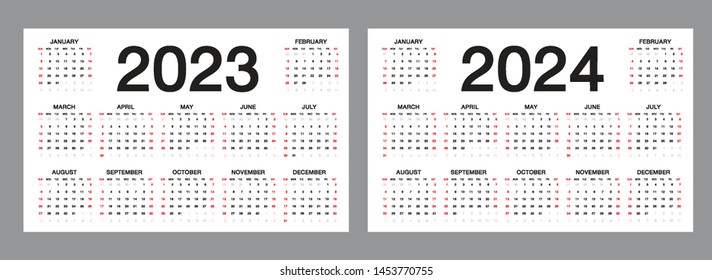 Calendar 2023-2024 template on white background, Desk calendar 2023-2024, Poster, Simple planner, Wall calendar design, Week starts from Sunday. Calendar design vector template.
