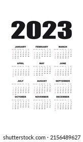 Calendar for 2023.Calendar template. design in black and white colors, holidays in red colors. Weeks start on Sunday.isolated on white background - vector template