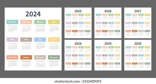 Calendar 2024, 2025, 2026, 2027, 2028, 2029, 2030 years. The week starts on Sunday. A simple annual template for pocket or wall-mounted calenders. Organizer's yearbook. English