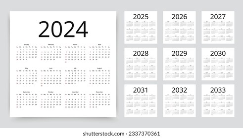 Calendar for 2024, 2025, 2026, 2027, 2028, 2029, 2030, 2031, 2032, 2033 years. Planner layout with 12 months. Calender template. Week starts Sunday. Yearly organizer in English. Vector illustration svg