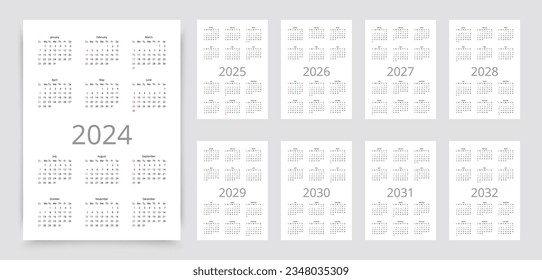 Calendar for 2024, 2025, 2026, 2027, 2028, 2029, 2030, 2031 2032 years. Calender template. Week starts Sunday. Planner layout with 12 months. Yearly diary. Organizer in English. Vector illustration svg