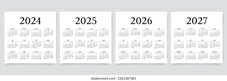 Calendar for 2024, 2025, 2026, 2027 years. Yearly calender organizer. Week starts Sunday. Grid template with 12 months. Calendar layout in simple design. Planner in English. Vector illustration. svg