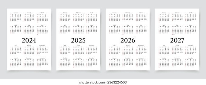 Calendar for 2024, 2025, 2026, 2027 years. Simple calender layouts. Desk planner template with 12 month. Week starts Sunday. Pocket or wall calendars. Yearly diary organizer. Vector illustration