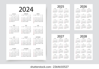Calendar for 2024, 2025, 2026, 2027, 2028 years. Simple calender layouts. Planner template with 12 month. Week starts Sunday. Pocket or wall calendars. Yearly diary organizer. Vector illustration