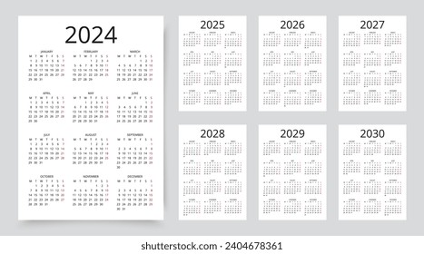 Calendar for 2024, 2025, 2026, 2027, 2028, 2029, 20230 years. Calender layout. Week starts Monday. Pocket, wall template calendar. Vector illustration svg