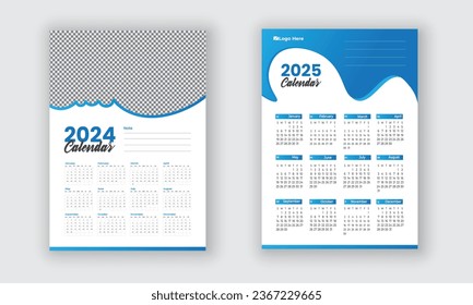 Calendar 2024, 2025 and 2026. Blue color vector pocket calendar design set. The week starts on Sunday or  Wall calendars in a minimalist style