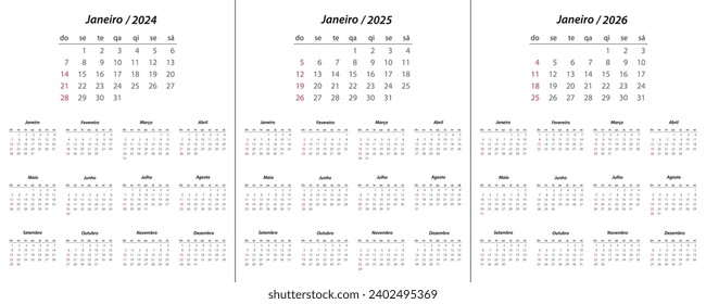 Calendar 2024, calendar 2025, calendar 2026 on portuguese language week start Sunday corporate design planner template