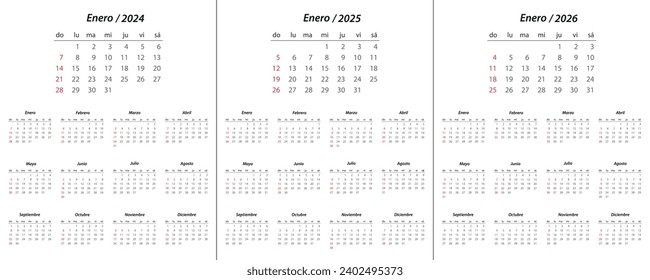 Calendar 2024, calendar 2025, calendar 2026 on spanish language week start Sunday corporate design planner template