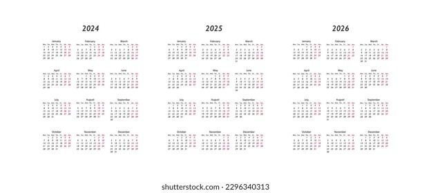 Calendar 2024, 2025 and 2026, week start Monday. Vector corporate design planner