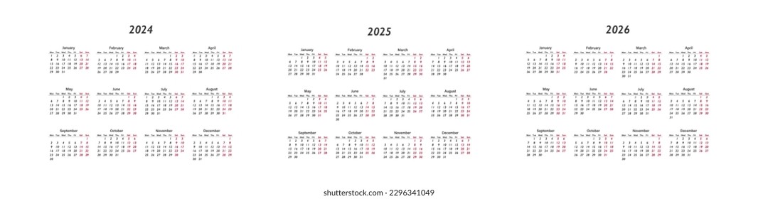 Calendar 2024, 2025 and 2026, week start Monday. Vector corporate design planner