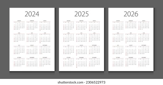 Calendario 2024, calendario 2025, calendario 2026 semana inicio domingo plantilla de planificación de diseño corporativo.