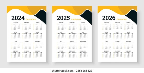Calendar 2024, calendar 2025 and calendar 2026, week start Sunday, corporate design planner template. Wall calendar in a minimalist style