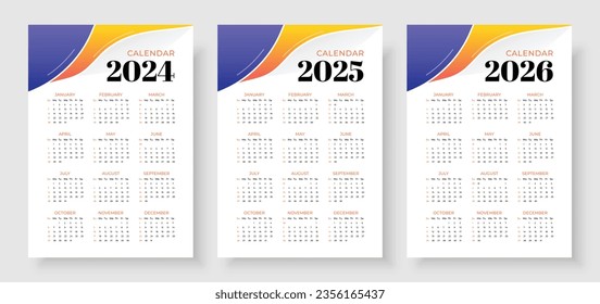 Calendar 2024, calendar 2025 and calendar 2026, week start Sunday, corporate design planner template. Wall calendar in a minimalist style
