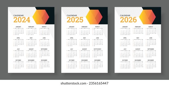 Calendar 2024, calendar 2025 and calendar 2026, week start Sunday, corporate design planner template. Wall calendar in a minimalist style