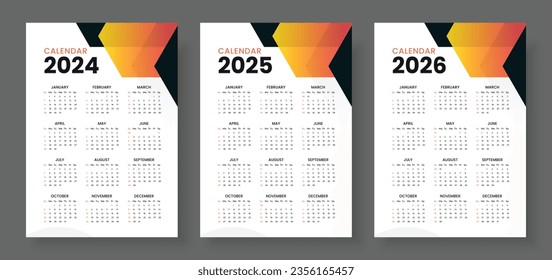 Calendario 2024, calendario 2025 y calendario 2026, semana de inicio domingo, plantilla de planificador de diseño corporativo. Calendario de pared de estilo minimalista