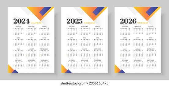 Calendario 2024, calendario 2025 y calendario 2026, semana de inicio domingo, plantilla de planificador de diseño corporativo. Calendario de pared de estilo minimalista