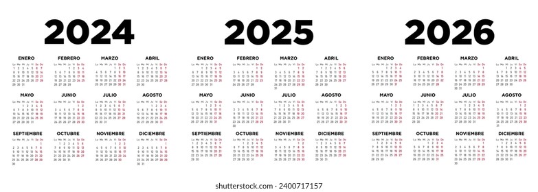 Calendar 2024, 2025 and 2026, week starts on Monday. Spanish