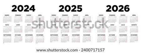 Calendar 2024, 2025 and 2026, week starts on Monday. Spanish