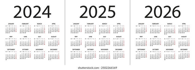 Calendar 2024, 2025, 2026 year - vector illustration. Week starts on Monday. Calendar Set for 2022, 2023, 2024 years