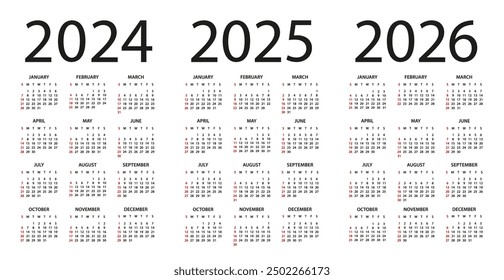 Calendar 2024, 2025, 2026 year - vector illustration. Week starts on Sunday. Calendar Set for 2024, 2025, 2026 years