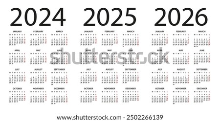 Calendar 2024, 2025, 2026 year - vector illustration. Week starts on Monday. Calendar Set for 2022, 2023, 2024 years