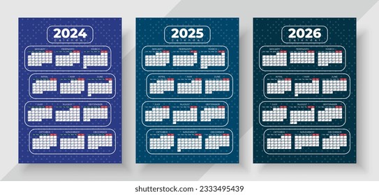 Calendar 2024, 2025, 2026 years. Vector. Week starts Sunday. Stationery template with 12 months. Calender layout