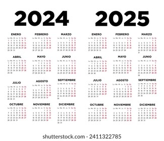 Calendario 2024 y 2025 en español. La semana comienza el lunes. Ilustración mínima.