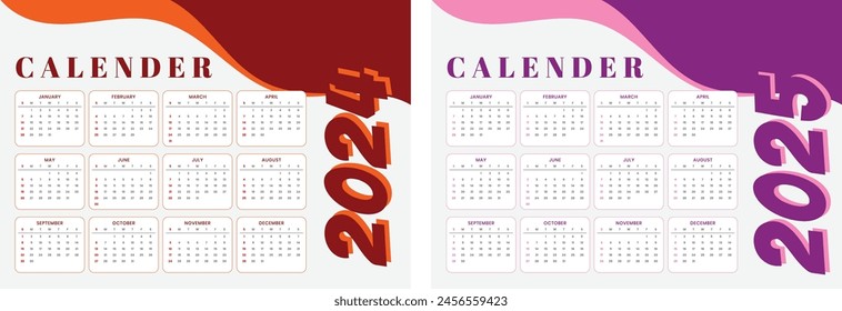 Calendar for 2024, 2025, Calendar template, 2 colour contrast, vector, ready to print file