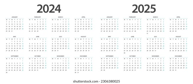 Calendar 2024, calendar 2025 week start Monday corporate design planner template.