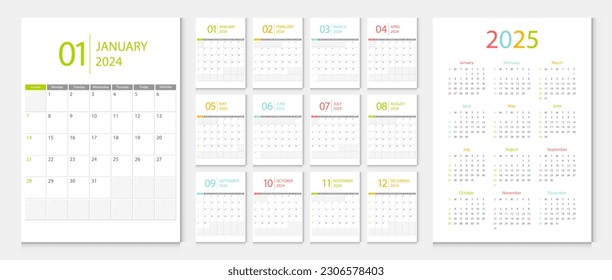 Calendario 2024, calendario 2025 semana de inicio domingo de plantilla de diseño corporativo vector.