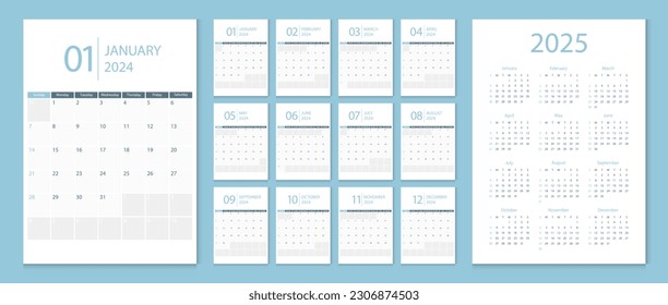 Calendario 2024, calendario 2025 semana de inicio domingo de plantilla de diseño corporativo vector.