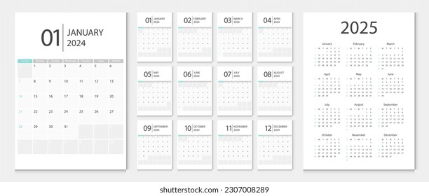 Kalender 2024, Kalender 2025 Woche Start Sonntag Corporate Design Vorlage Vektor.