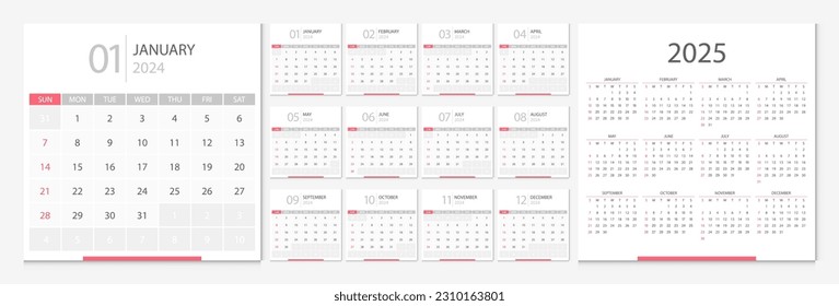 Calendar 2024, calendar 2025 week start Sunday corporate design template vector. Desk calendar 2024.