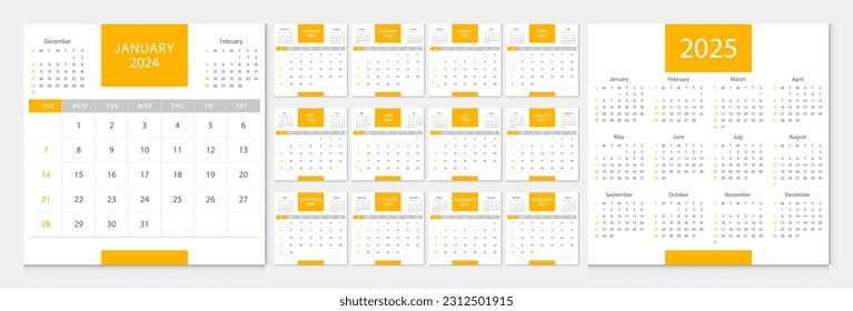 Calendar 2024, calendar 2025 week start Sunday corporate design template vector. Desk calendar 2024.