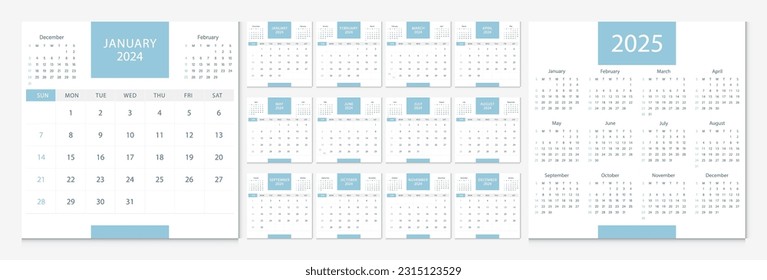 Calendar 2024, calendar 2025 week start Sunday corporate design template vector. Desk calendar 2024.