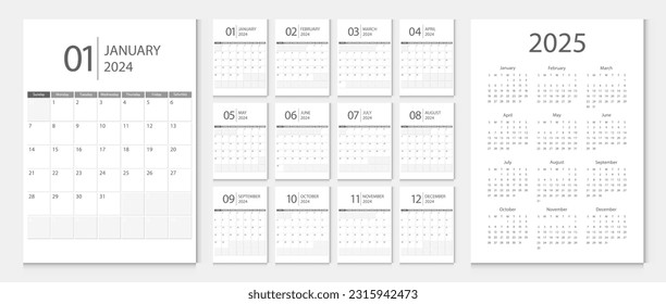 Calendario 2024, calendario 2025 semana de inicio domingo de plantilla de diseño corporativo vector. Calendario de la mesa 2024.