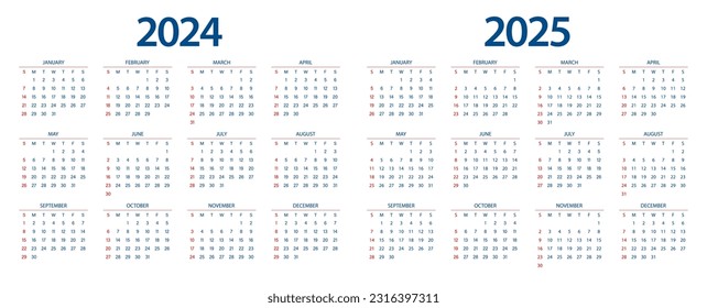 Calendar 2024, calendar 2025 week start Sunday corporate design planner template.