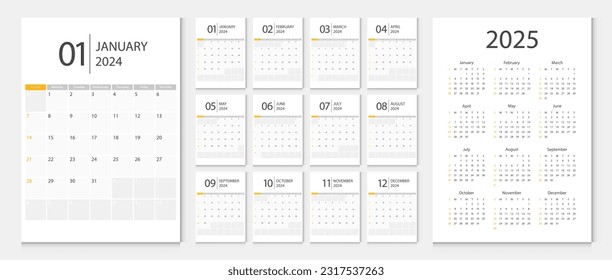 Calendario 2024, calendario 2025 semana de inicio domingo de plantilla de diseño corporativo vector. Calendario de la mesa 2024.