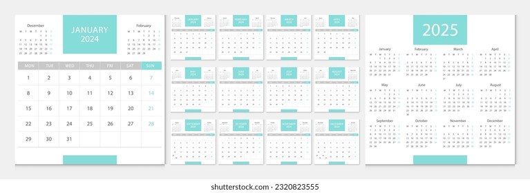 Calendar 2024, calendar 2025 week start Monday corporate design template vector. Desk calendar 2024.