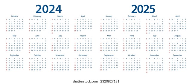 Calendar 2024, calendar 2025 week start Sunday corporate design planner template.